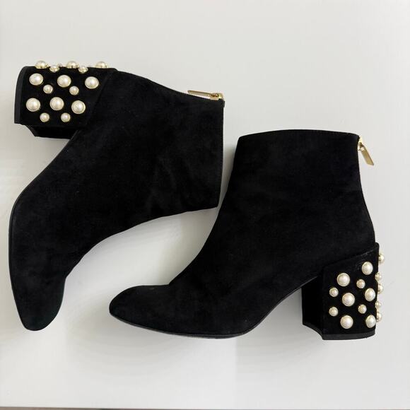 Stuart Weitzman Pearl Bacari Velvet Block Heel Booties Black Maximalist Sz 6.5 - Picture 6 of 10